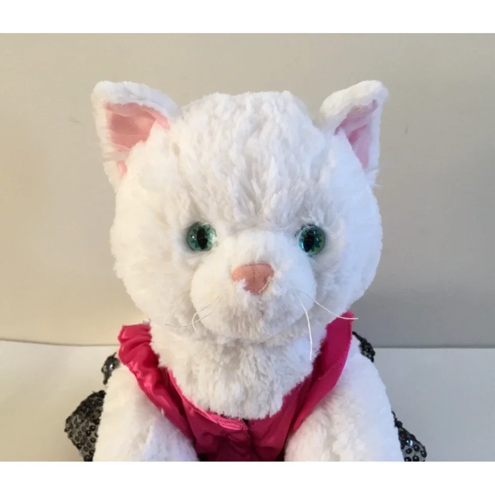 Build A Bear Cat Kitten Plush Aqua Blue Eyes 2013 w/ Gorgeous Pink Sequin Outfit